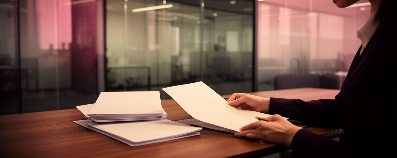 Legal consultant reviewing a contract at a modern London office desk with warm lighting and glass walls