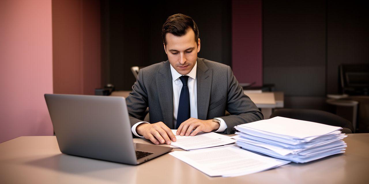 Lawyer reviewing contract notes at a polished meeting table with a laptop and annotated documents in a modern London office