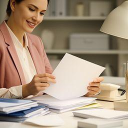Client liaison organising legal files and correspondence at a tidy office workstation