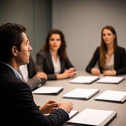 Negotiation specialist speaking with clients in a professional meeting room beside contract notes